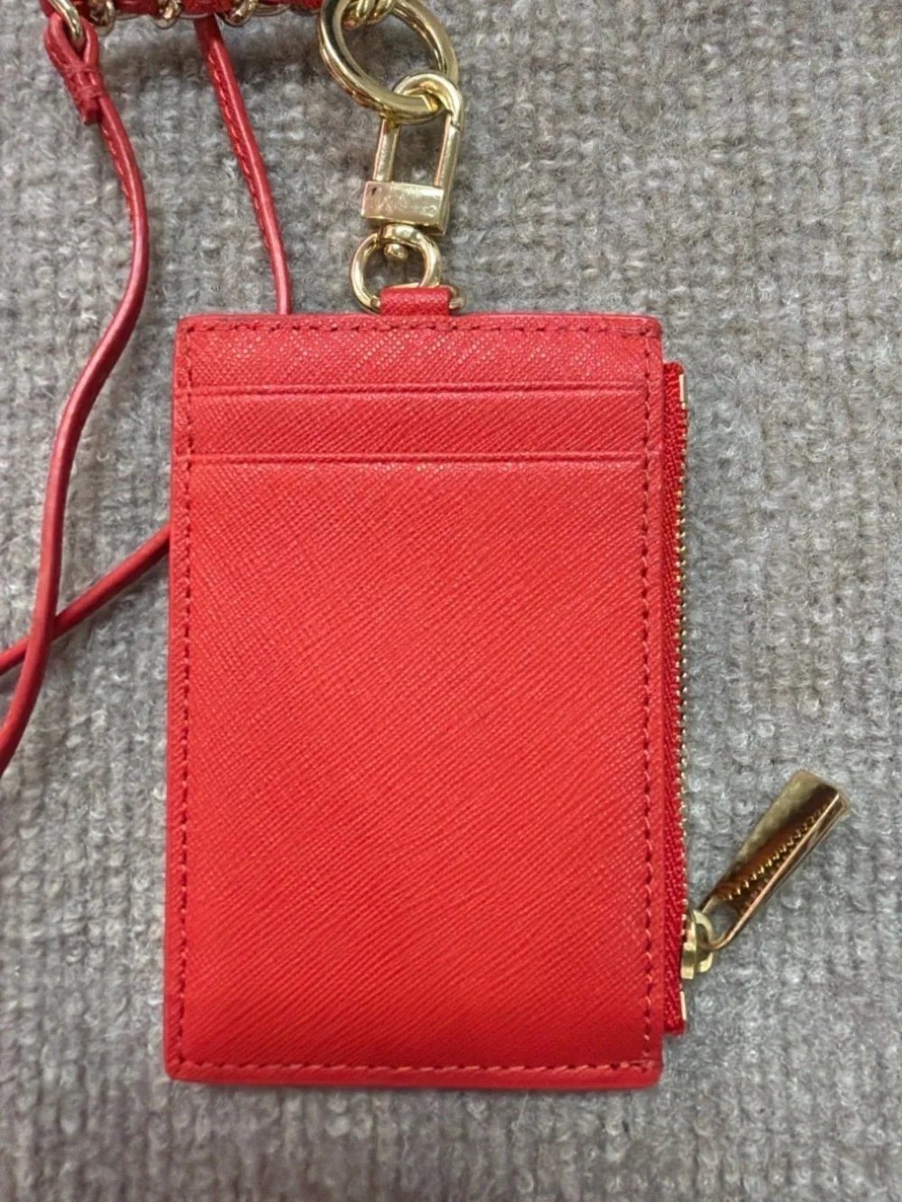 Tory Burch Red Saffiano Leather Card Holder Lanyard Wallet Gold Chain